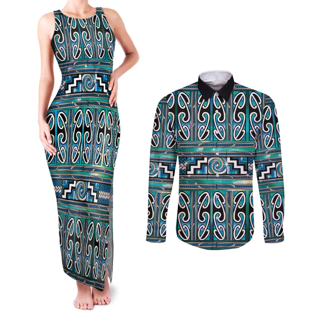 Maori Matariki Couples Matching Tank Maxi Dress and Long Sleeve Button Shirt Green Galaxy Aesthetic Koru Art