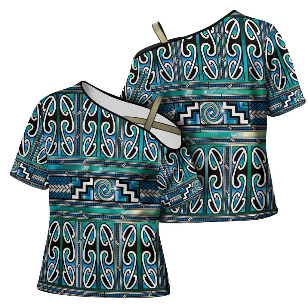 Maori Matariki Cross Shoulder Shirt Green Galaxy Aesthetic Koru Art