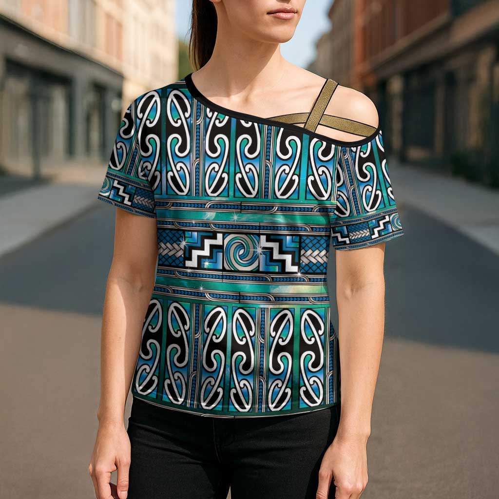 Maori Matariki Cross Shoulder Shirt Green Galaxy Aesthetic Koru Art