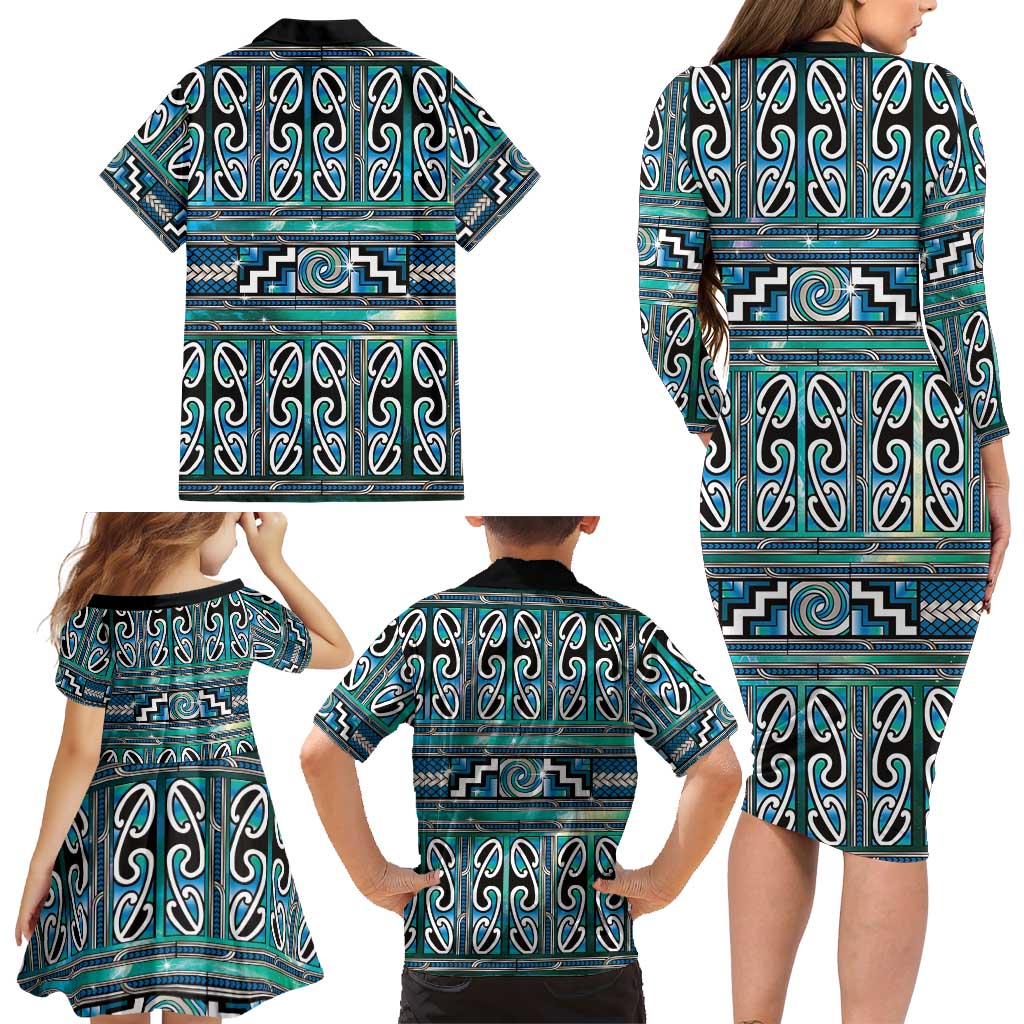 Maori Matariki Family Matching Long Sleeve Bodycon Dress and Hawaiian Shirt Green Galaxy Aesthetic Koru Art LT01 - Polynesian Pride
