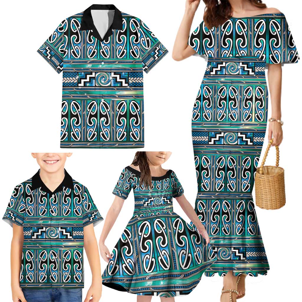 Maori Matariki Family Matching Mermaid Dress and Hawaiian Shirt Green Galaxy Aesthetic Koru Art