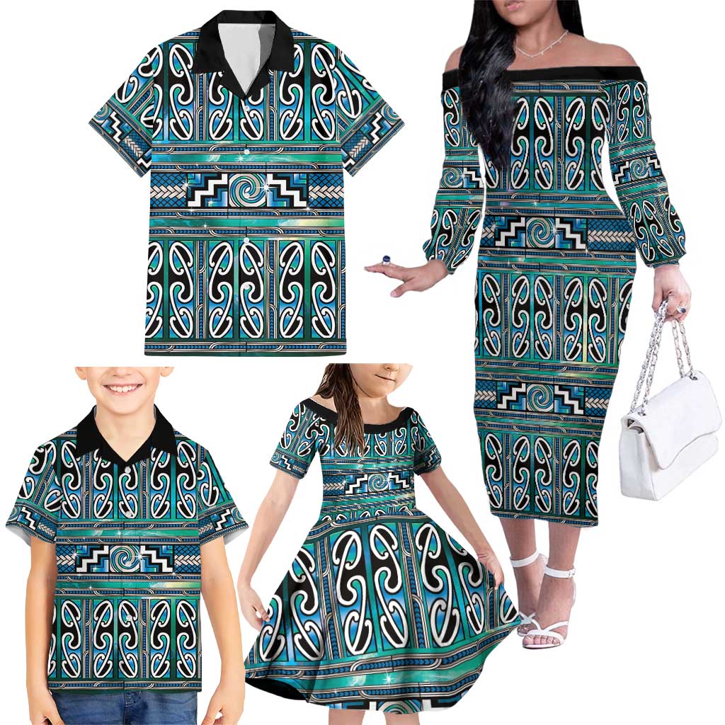 Maori Matariki Family Matching Off The Shoulder Long Sleeve Dress and Hawaiian Shirt Green Galaxy Aesthetic Koru Art