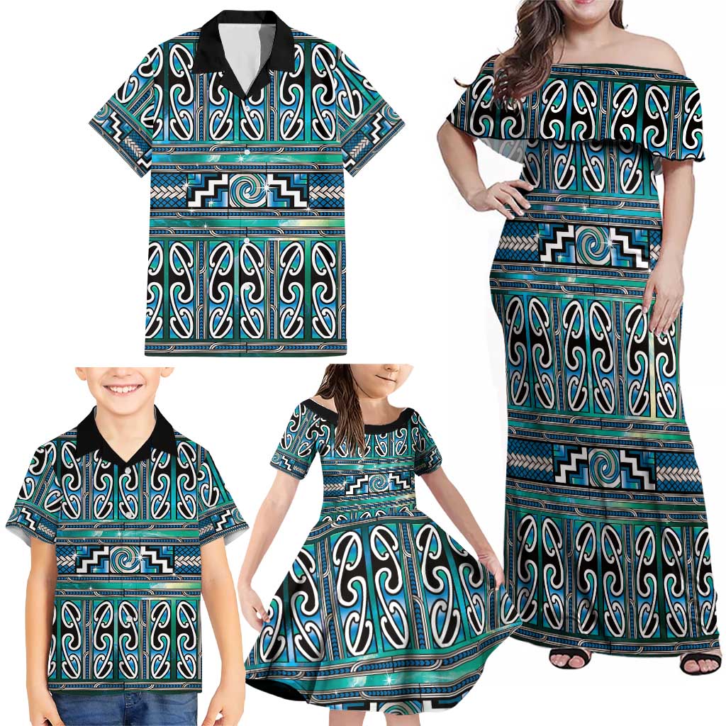 Maori Matariki Family Matching Off Shoulder Maxi Dress and Hawaiian Shirt Green Galaxy Aesthetic Koru Art