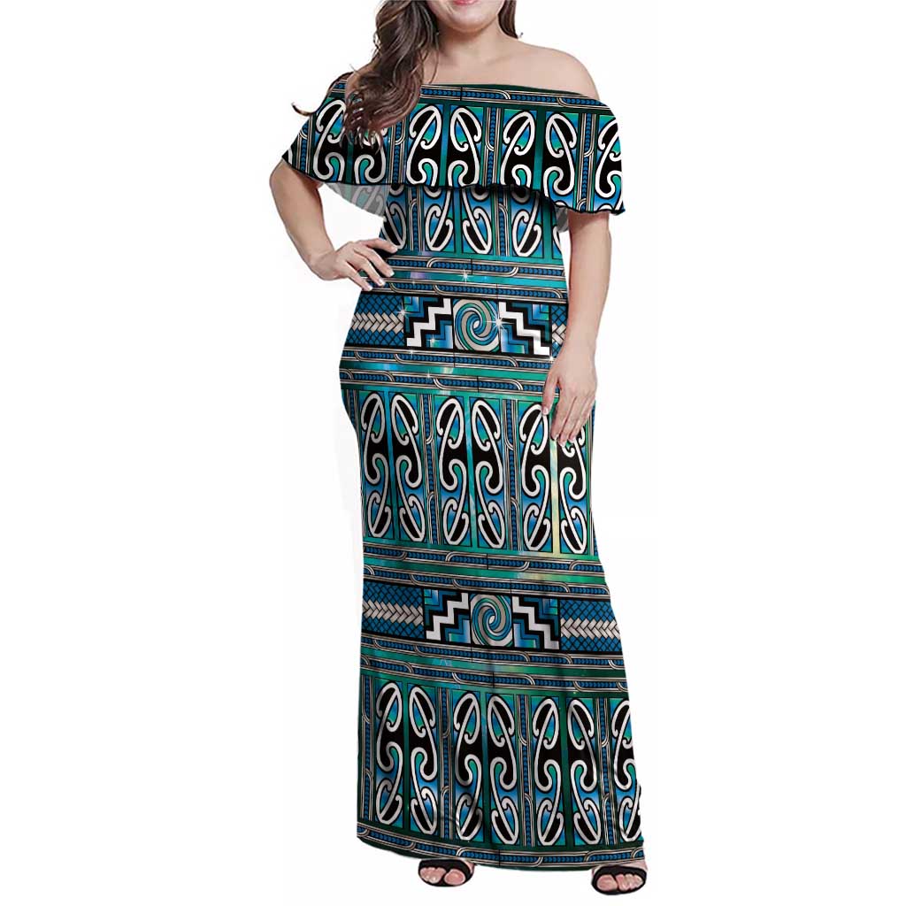 Maori Matariki Family Matching Off Shoulder Maxi Dress and Hawaiian Shirt Green Galaxy Aesthetic Koru Art LT01 Mom's Dress Green - Polynesian Pride