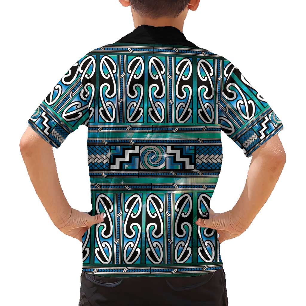 Maori Matariki Family Matching Off Shoulder Short Dress and Hawaiian Shirt Green Galaxy Aesthetic Koru Art