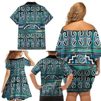 Maori Matariki Family Matching Off Shoulder Short Dress and Hawaiian Shirt Green Galaxy Aesthetic Koru Art