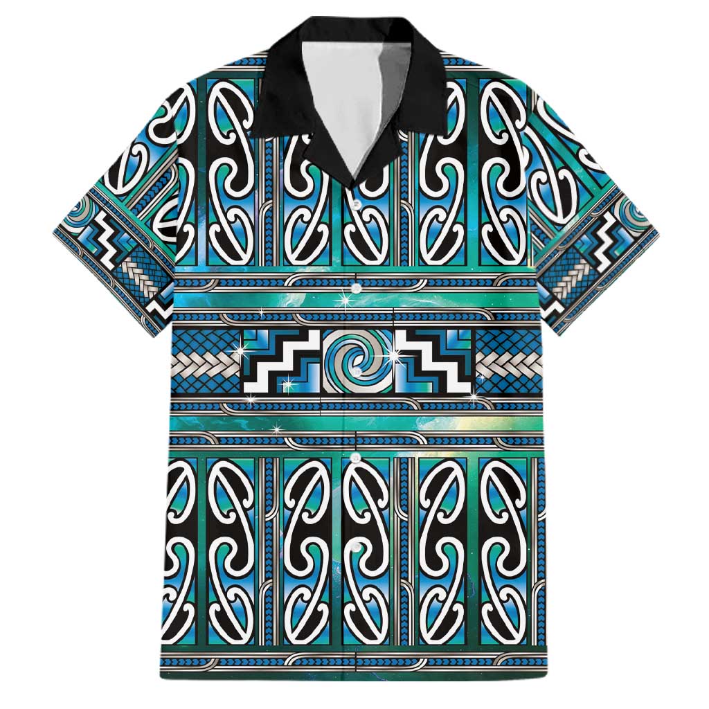 Maori Matariki Family Matching Off Shoulder Short Dress and Hawaiian Shirt Green Galaxy Aesthetic Koru Art