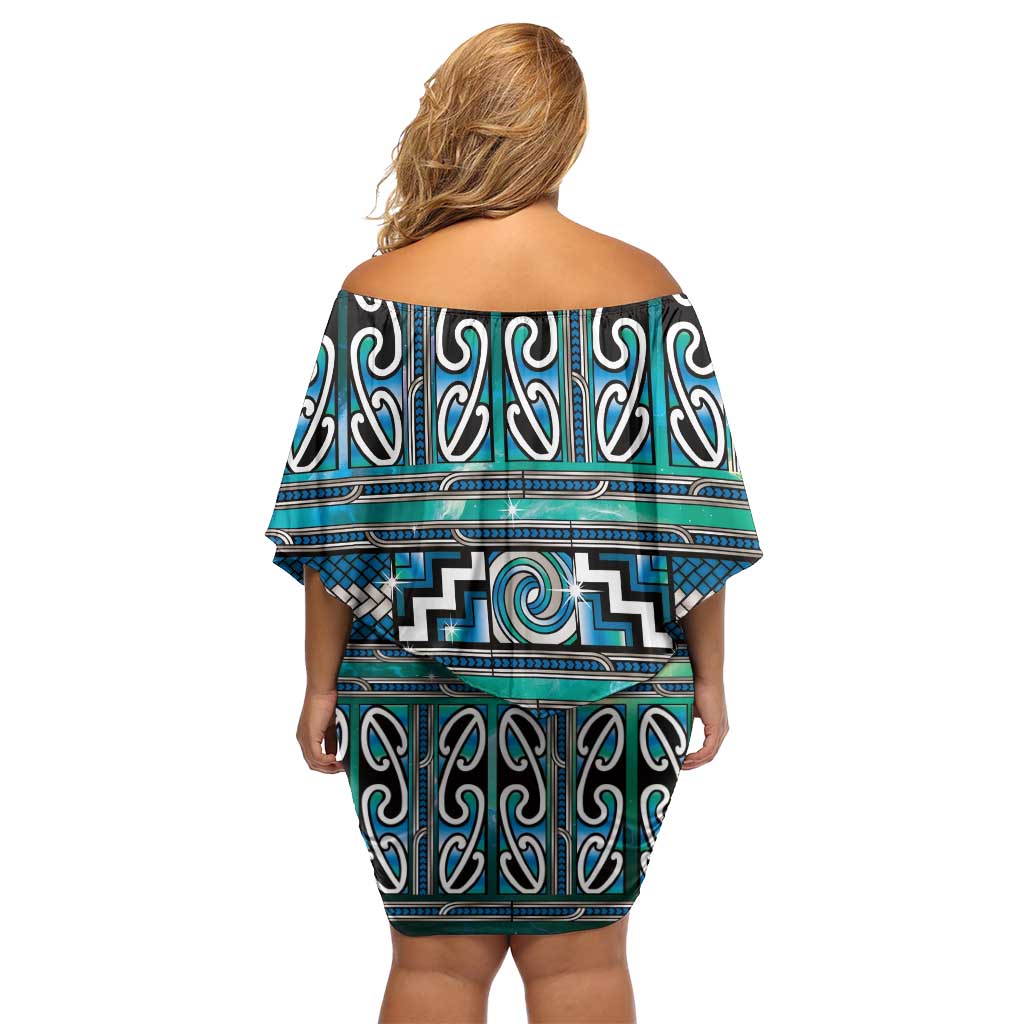 Maori Matariki Family Matching Off Shoulder Short Dress and Hawaiian Shirt Green Galaxy Aesthetic Koru Art