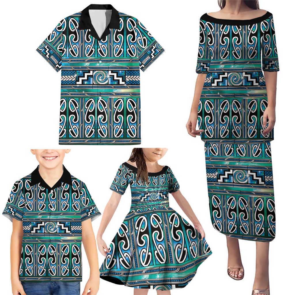 Maori Matariki Family Matching Puletasi and Hawaiian Shirt Green Galaxy Aesthetic Koru Art