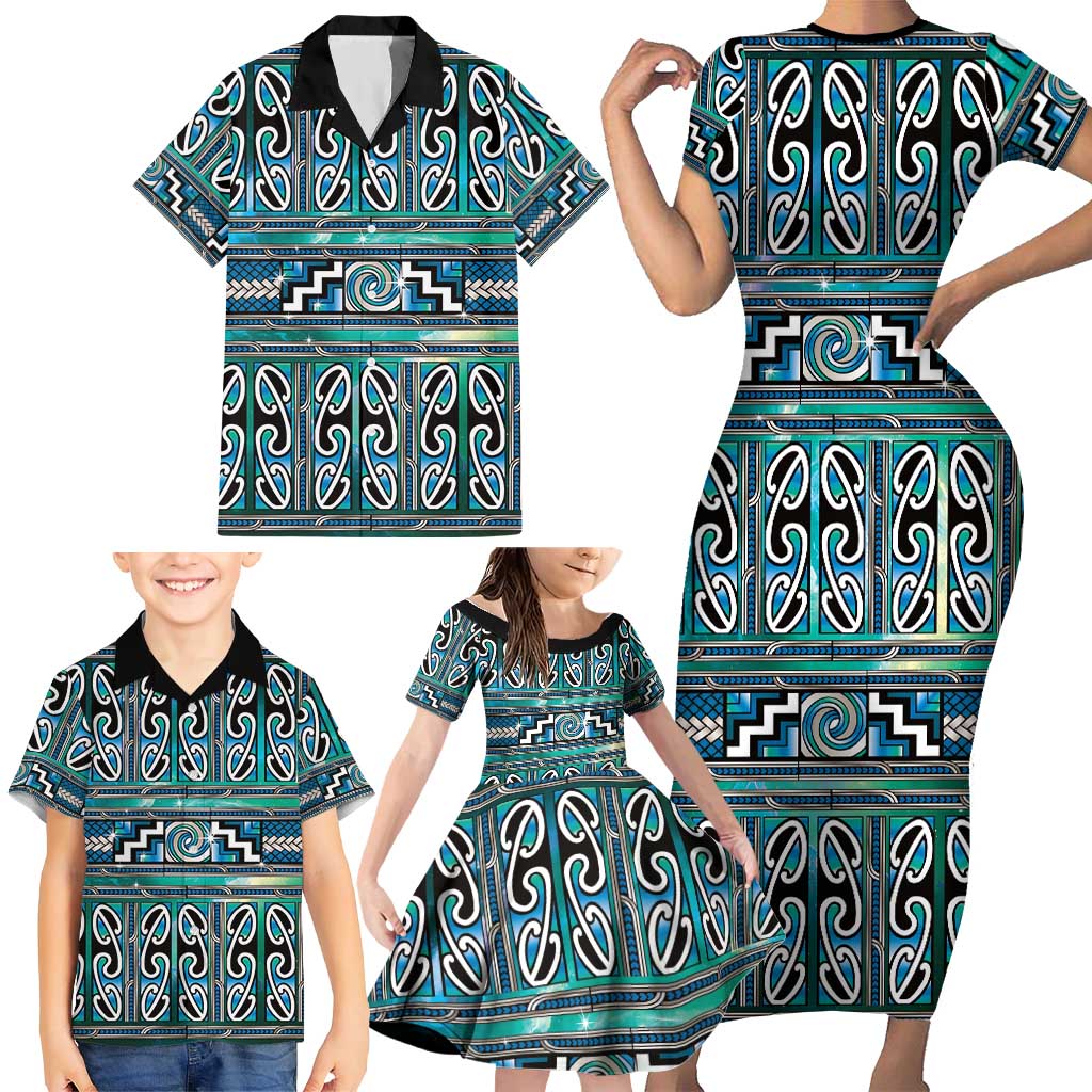Maori Matariki Family Matching Short Sleeve Bodycon Dress and Hawaiian Shirt Green Galaxy Aesthetic Koru Art
