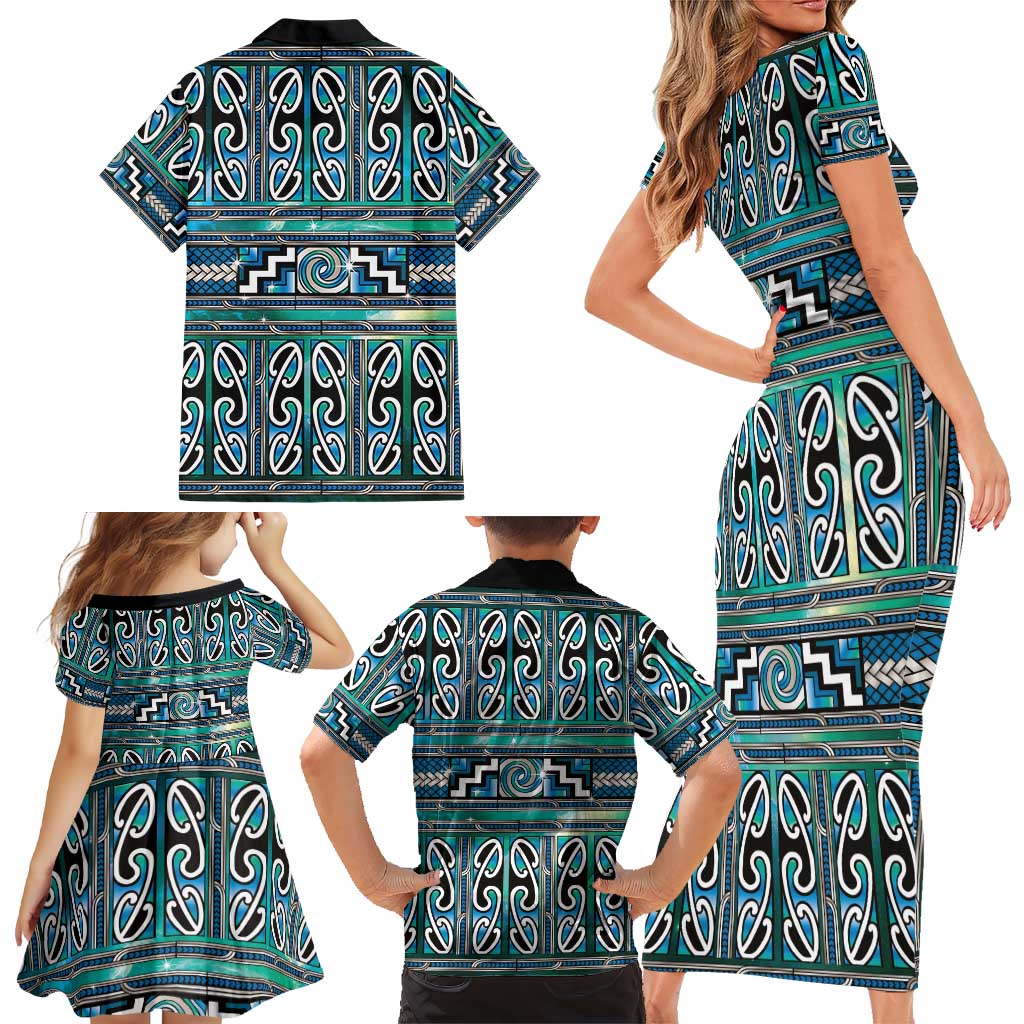 Maori Matariki Family Matching Short Sleeve Bodycon Dress and Hawaiian Shirt Green Galaxy Aesthetic Koru Art LT01 - Polynesian Pride