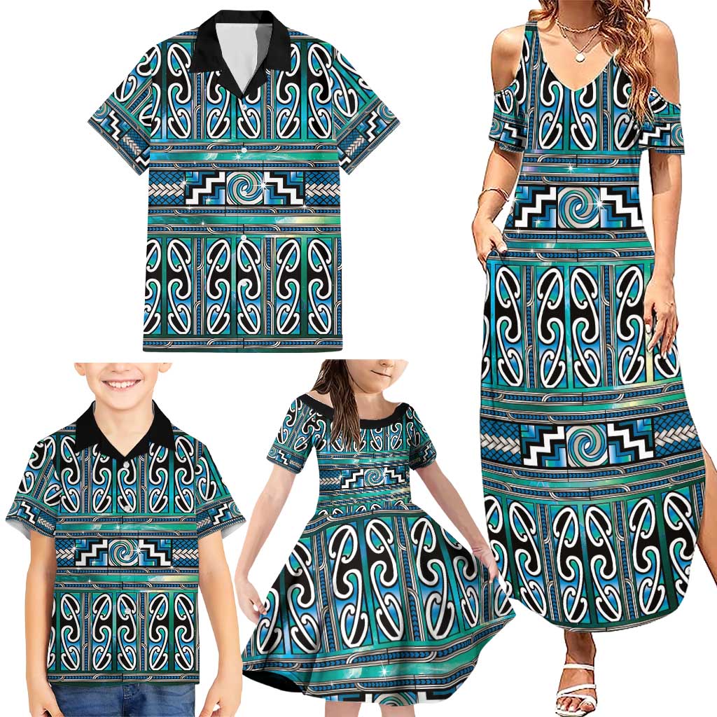 Maori Matariki Family Matching Summer Maxi Dress and Hawaiian Shirt Green Galaxy Aesthetic Koru Art