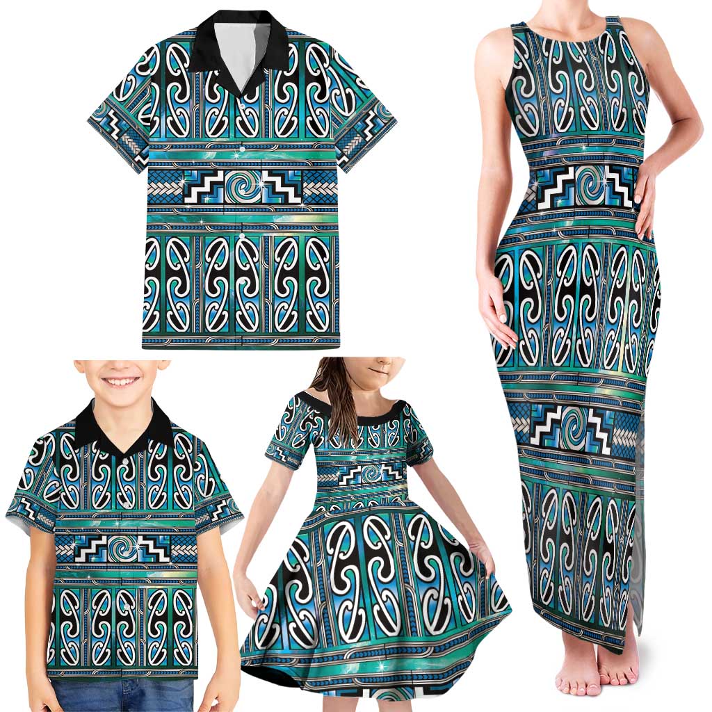 Maori Matariki Family Matching Tank Maxi Dress and Hawaiian Shirt Green Galaxy Aesthetic Koru Art