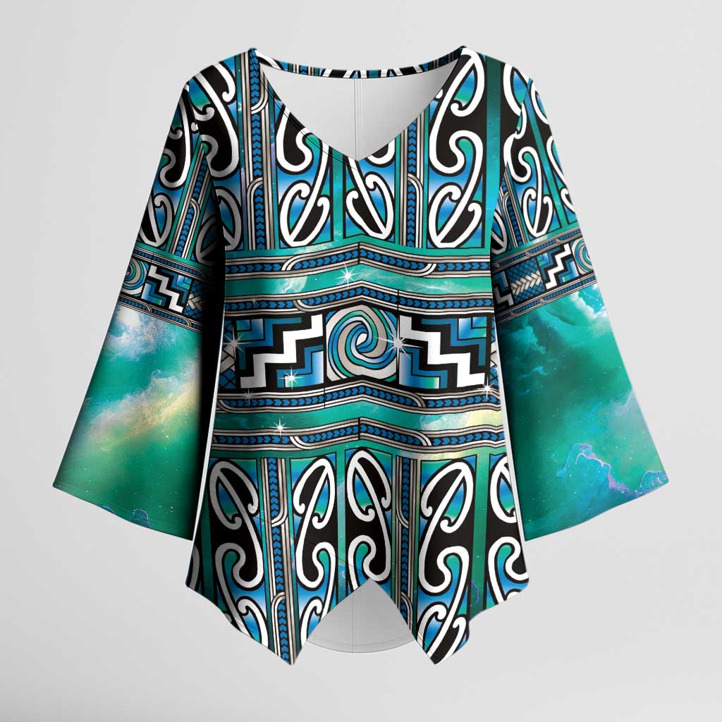 Maori Matariki Kimono Sleeve Blouse Green Galaxy Aesthetic Koru Art