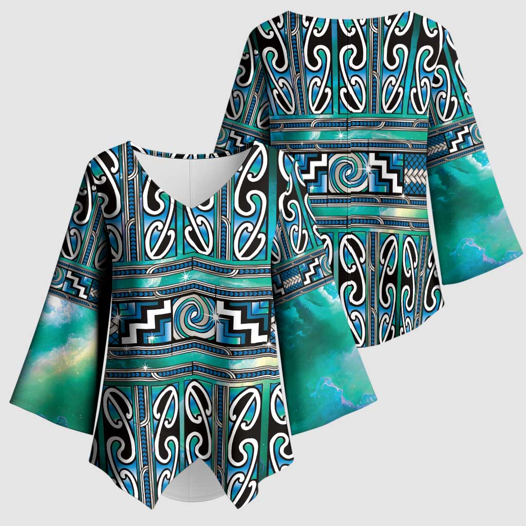 Maori Matariki Kimono Sleeve Blouse Green Galaxy Aesthetic Koru Art