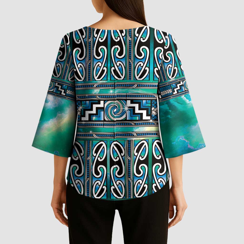 Maori Matariki Kimono Sleeve Blouse Green Galaxy Aesthetic Koru Art