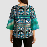 Maori Matariki Kimono Sleeve Blouse Green Galaxy Aesthetic Koru Art