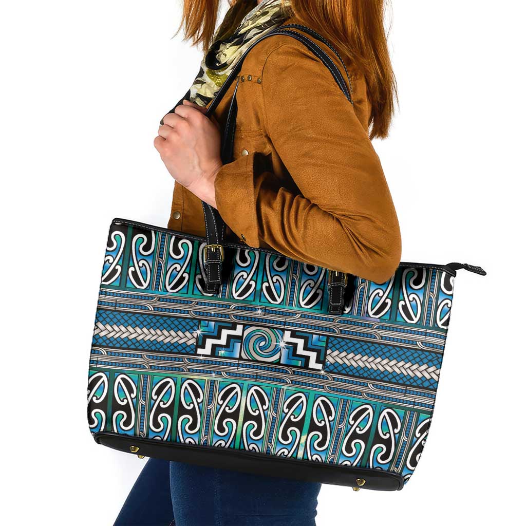 Maori Matariki Leather Tote Bag Green Galaxy Aesthetic Koru Art LT01 Green - Polynesian Pride