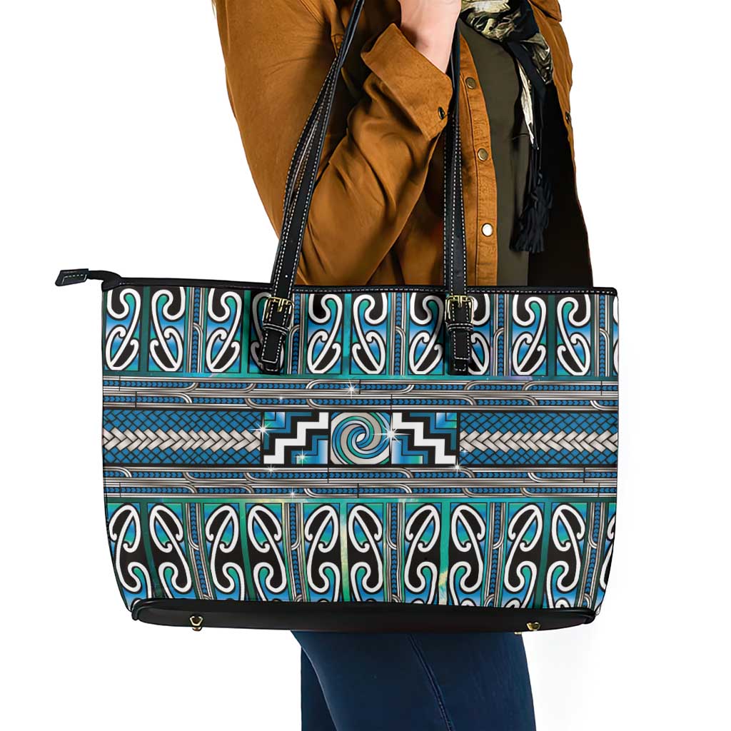 Maori Matariki Leather Tote Bag Green Galaxy Aesthetic Koru Art LT01 - Polynesian Pride