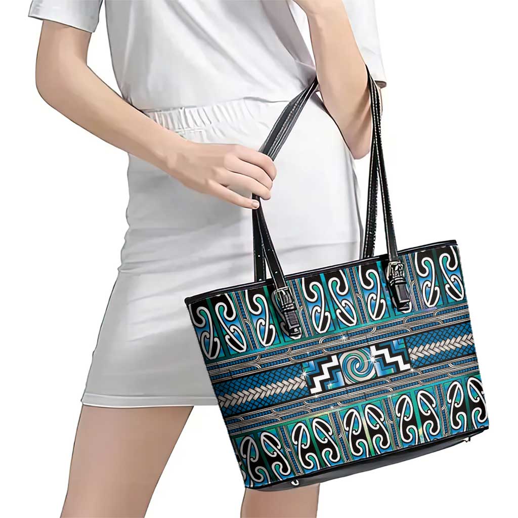 Maori Matariki Leather Tote Bag Green Galaxy Aesthetic Koru Art LT01 - Polynesian Pride