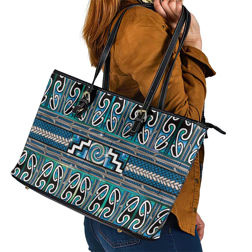 Maori Matariki Leather Tote Bag Green Galaxy Aesthetic Koru Art LT01 - Polynesian Pride