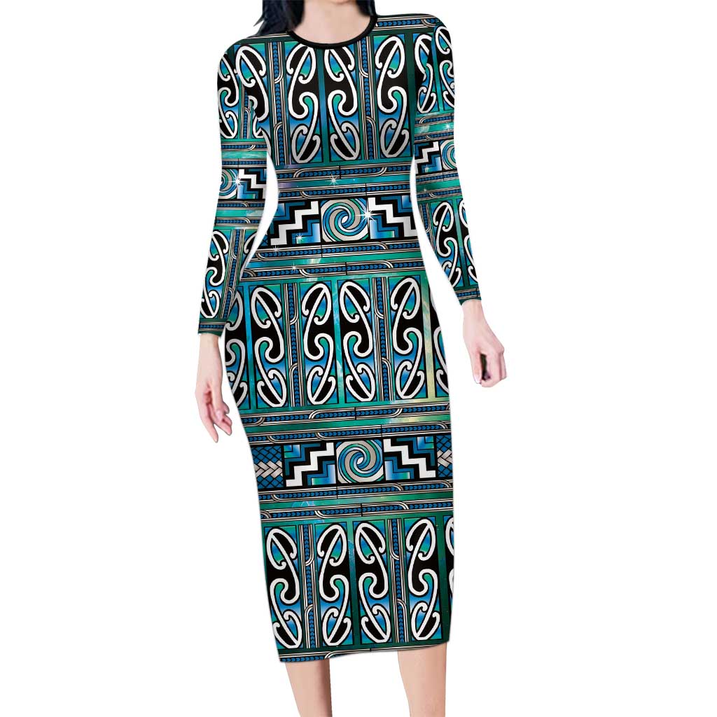 Maori Matariki Long Sleeve Bodycon Dress Green Galaxy Aesthetic Koru Art
