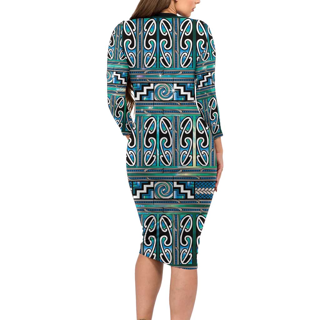 Maori Matariki Long Sleeve Bodycon Dress Green Galaxy Aesthetic Koru Art
