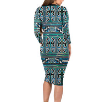 Maori Matariki Long Sleeve Bodycon Dress Green Galaxy Aesthetic Koru Art