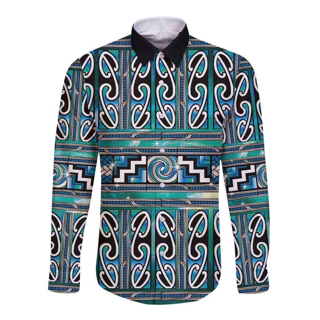 Maori Matariki Long Sleeve Button Shirt Green Galaxy Aesthetic Koru Art