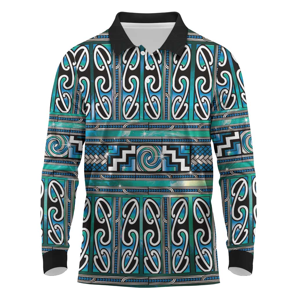 Maori Matariki Long Sleeve Polo Shirt Green Galaxy Aesthetic Koru Art