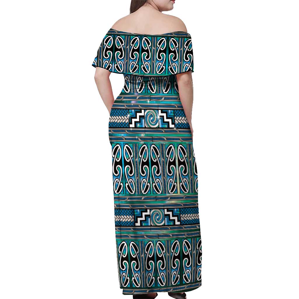 Maori Matariki Off Shoulder Maxi Dress Green Galaxy Aesthetic Koru Art