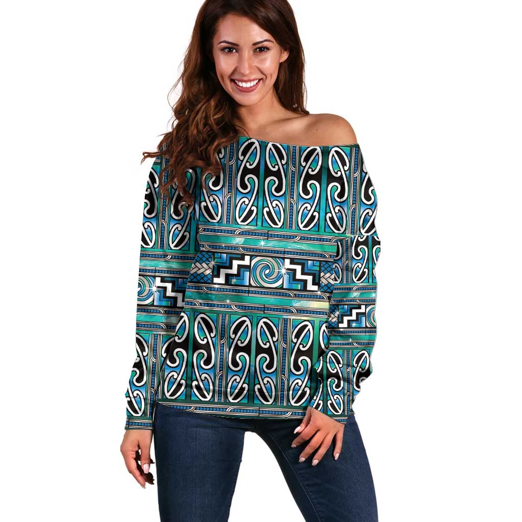 Maori Matariki Off Shoulder Sweater Green Galaxy Aesthetic Koru Art