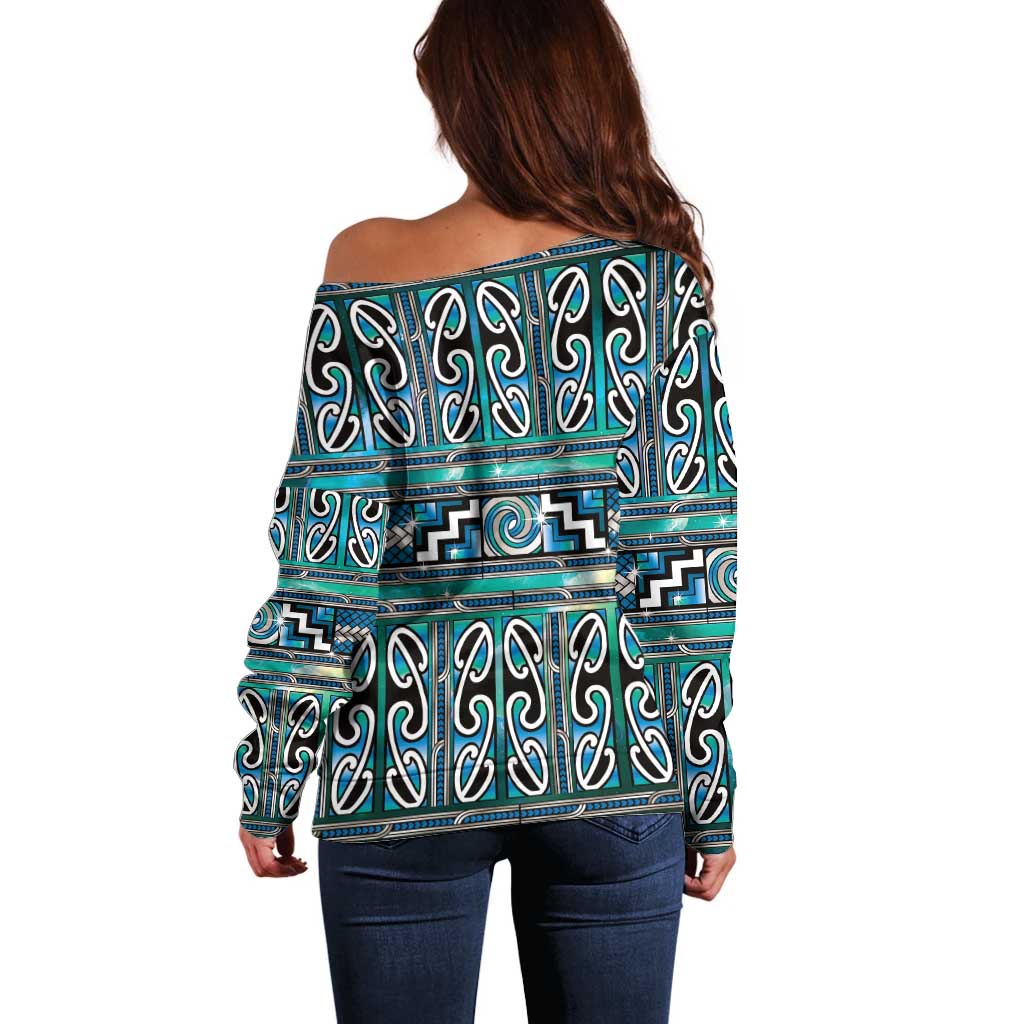 Maori Matariki Off Shoulder Sweater Green Galaxy Aesthetic Koru Art