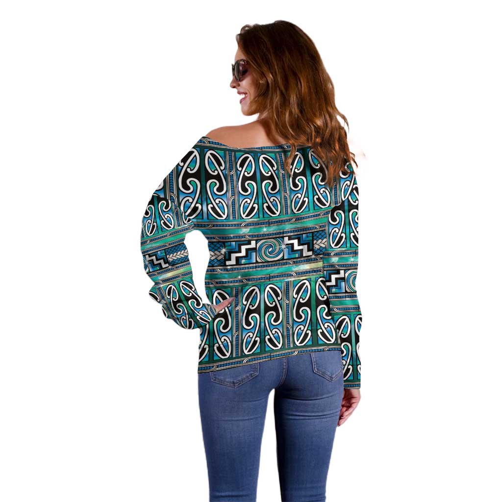 Maori Matariki Off Shoulder Sweater Green Galaxy Aesthetic Koru Art