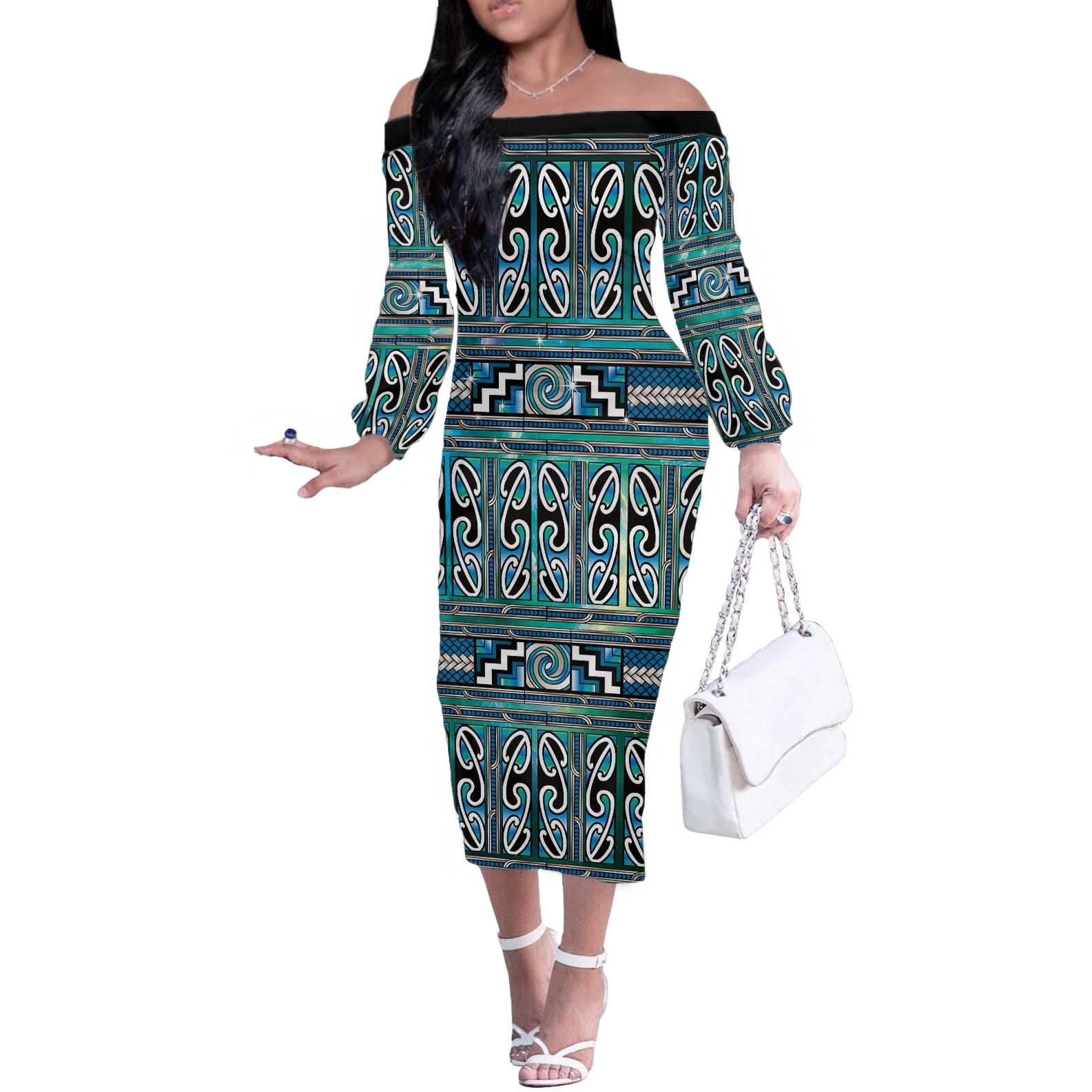 Maori Matariki Off The Shoulder Long Sleeve Dress Green Galaxy Aesthetic Koru Art