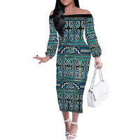 Maori Matariki Off The Shoulder Long Sleeve Dress Green Galaxy Aesthetic Koru Art LT01 Women Green - Polynesian Pride