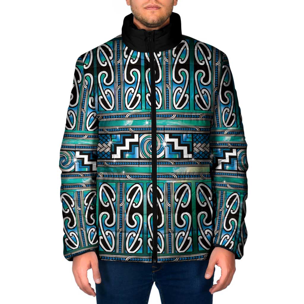 Maori Matariki Padded Jacket Green Galaxy Aesthetic Koru Art