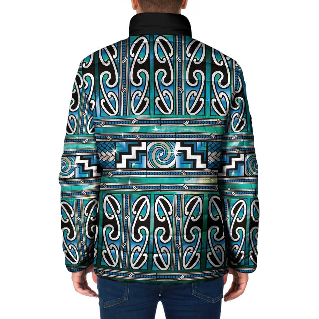 Maori Matariki Padded Jacket Green Galaxy Aesthetic Koru Art
