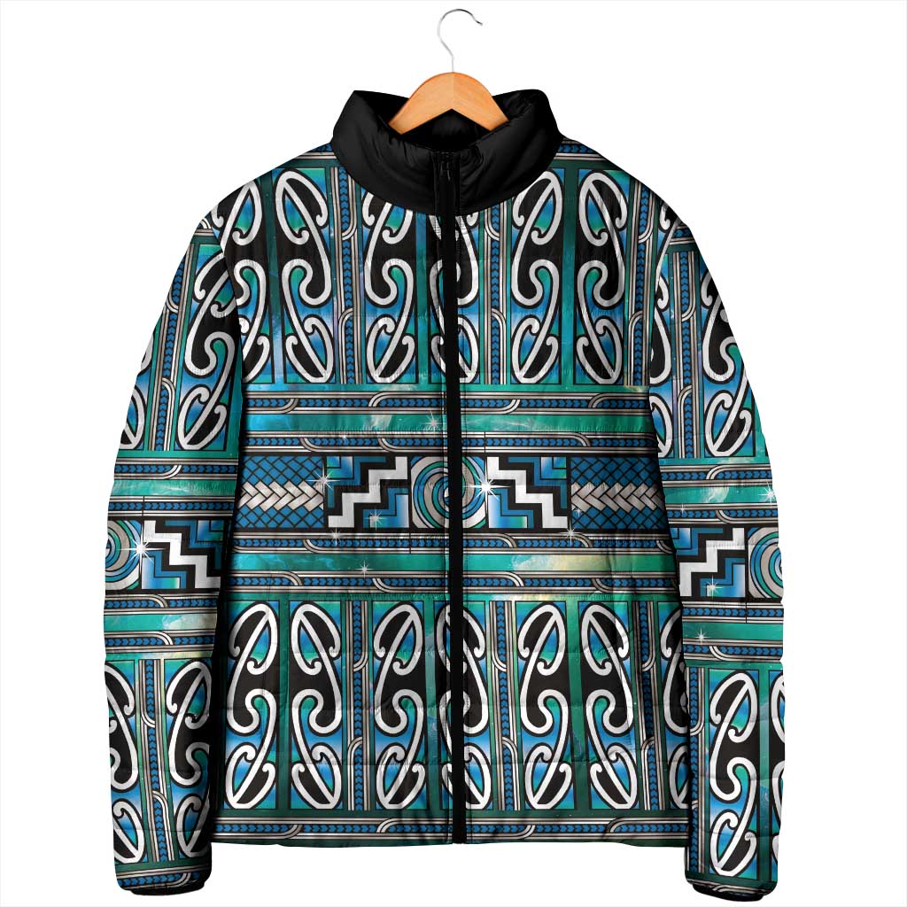 Maori Matariki Padded Jacket Green Galaxy Aesthetic Koru Art