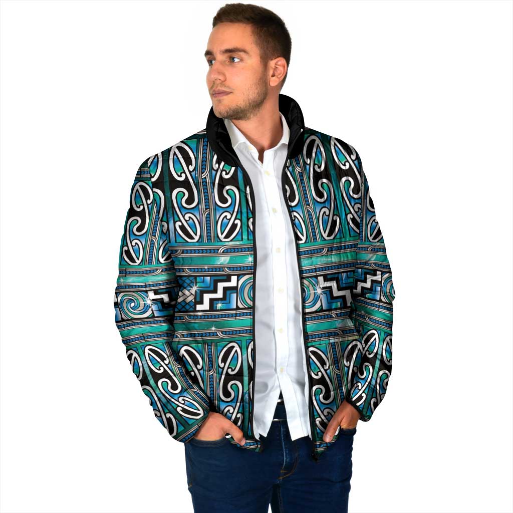 Maori Matariki Padded Jacket Green Galaxy Aesthetic Koru Art