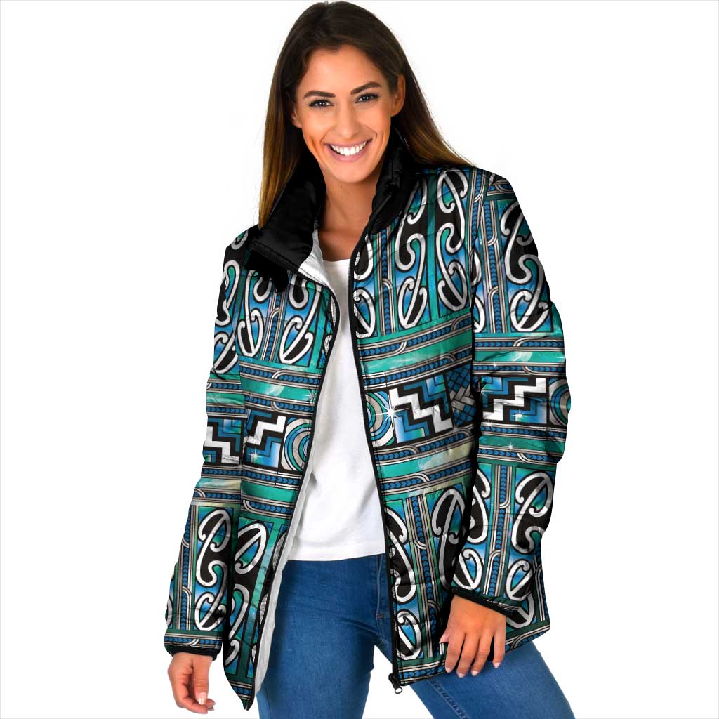 Maori Matariki Padded Jacket Green Galaxy Aesthetic Koru Art