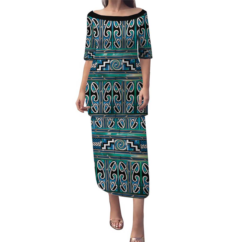 Maori Matariki Puletasi Green Galaxy Aesthetic Koru Art LT01 Long Dress Green - Polynesian Pride