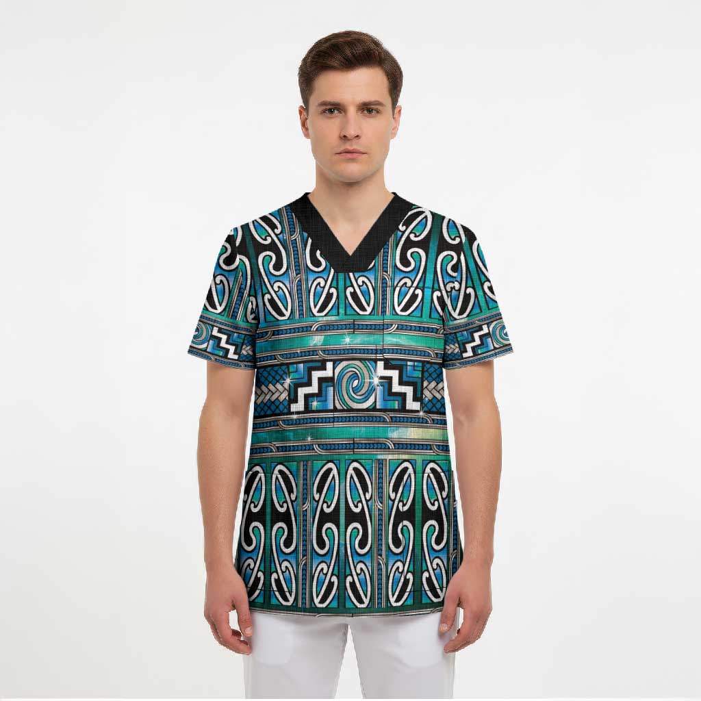 Maori Matariki Scrub Top Green Galaxy Aesthetic Koru Art LT01 - Polynesian Pride