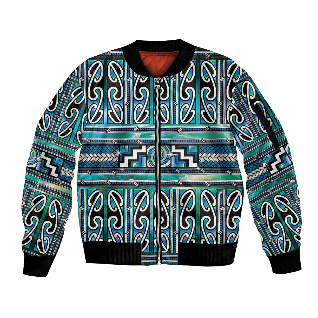 Maori Matariki Sleeve Zip Bomber Jacket Green Galaxy Aesthetic Koru Art