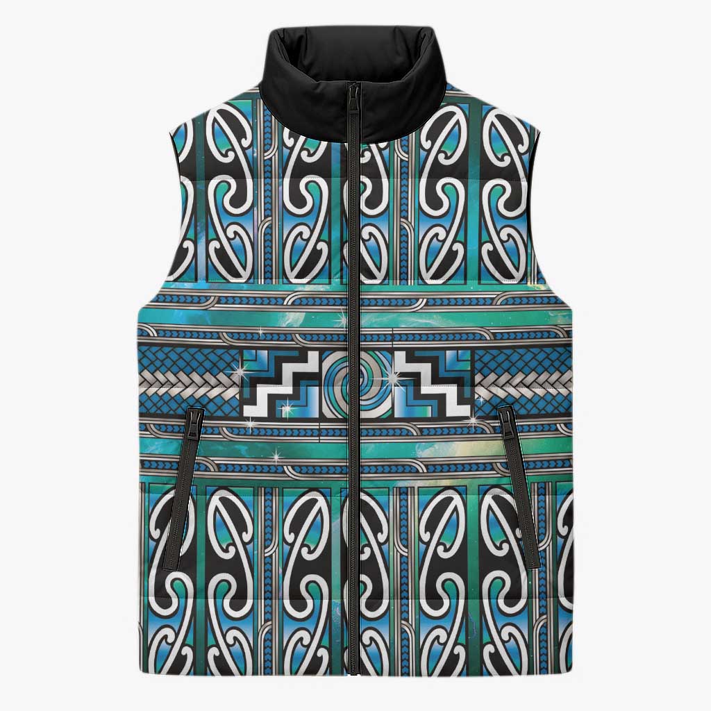 Maori Matariki Sleeveless Puffer Jacket Green Galaxy Aesthetic Koru Art