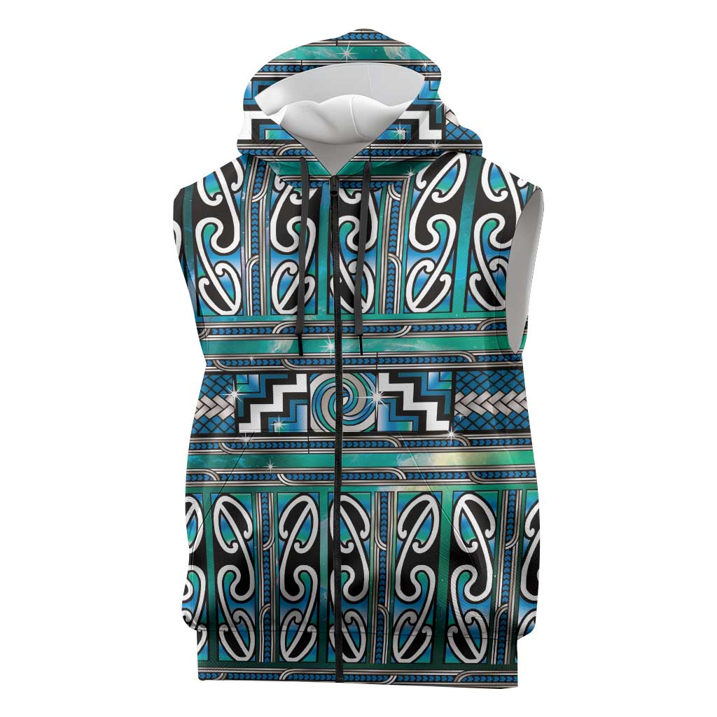 Maori Matariki Sleeveless Zip Hoodie Green Galaxy Aesthetic Koru Art