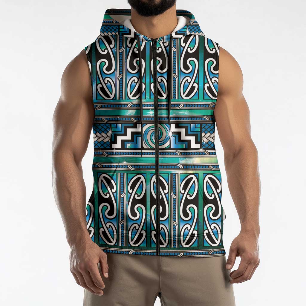 Maori Matariki Sleeveless Zip Hoodie Green Galaxy Aesthetic Koru Art