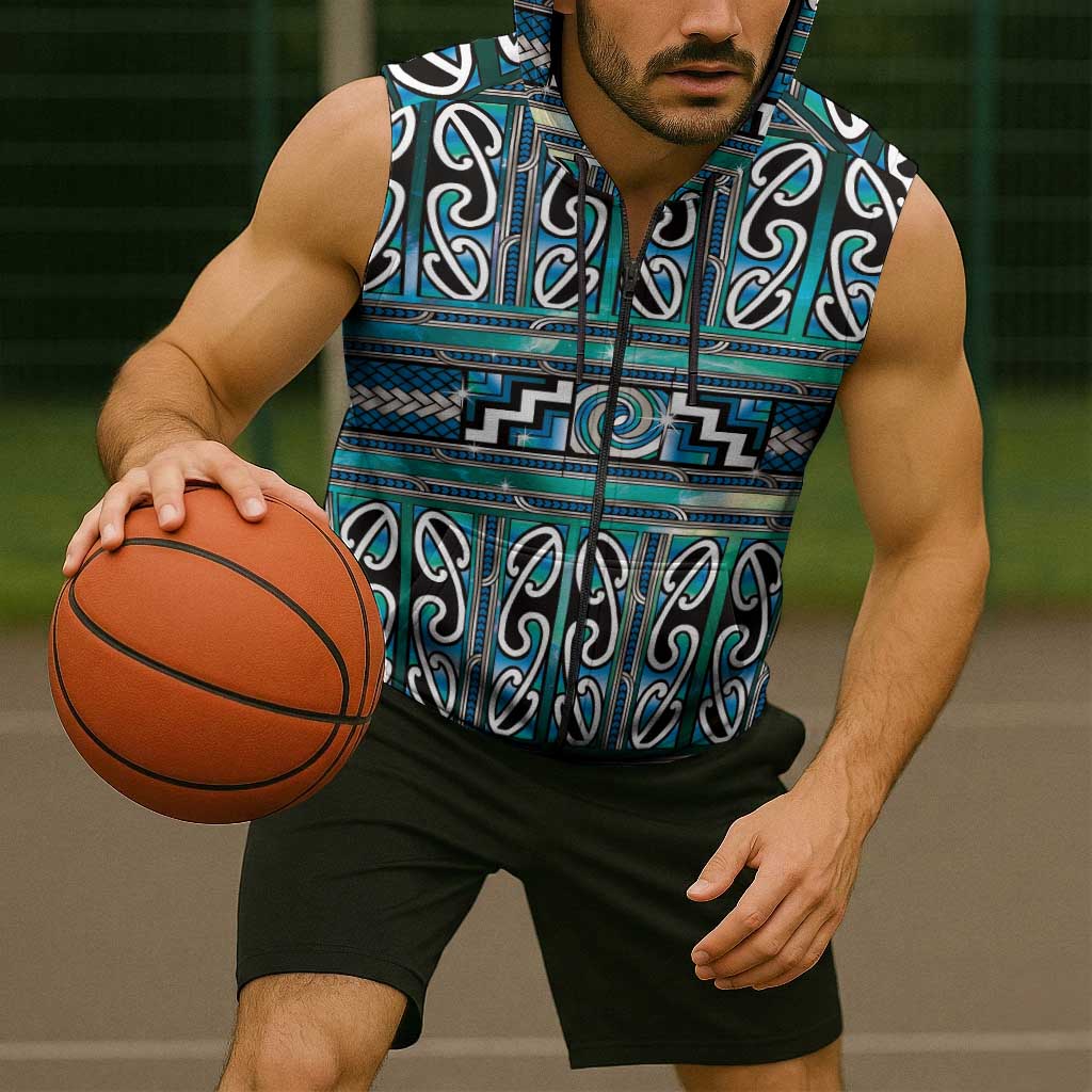 Maori Matariki Sleeveless Zip Hoodie Green Galaxy Aesthetic Koru Art