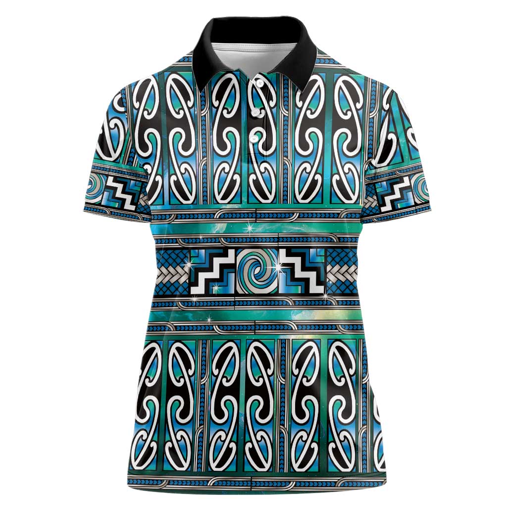 Maori Matariki Women Polo Shirt Green Galaxy Aesthetic Koru Art