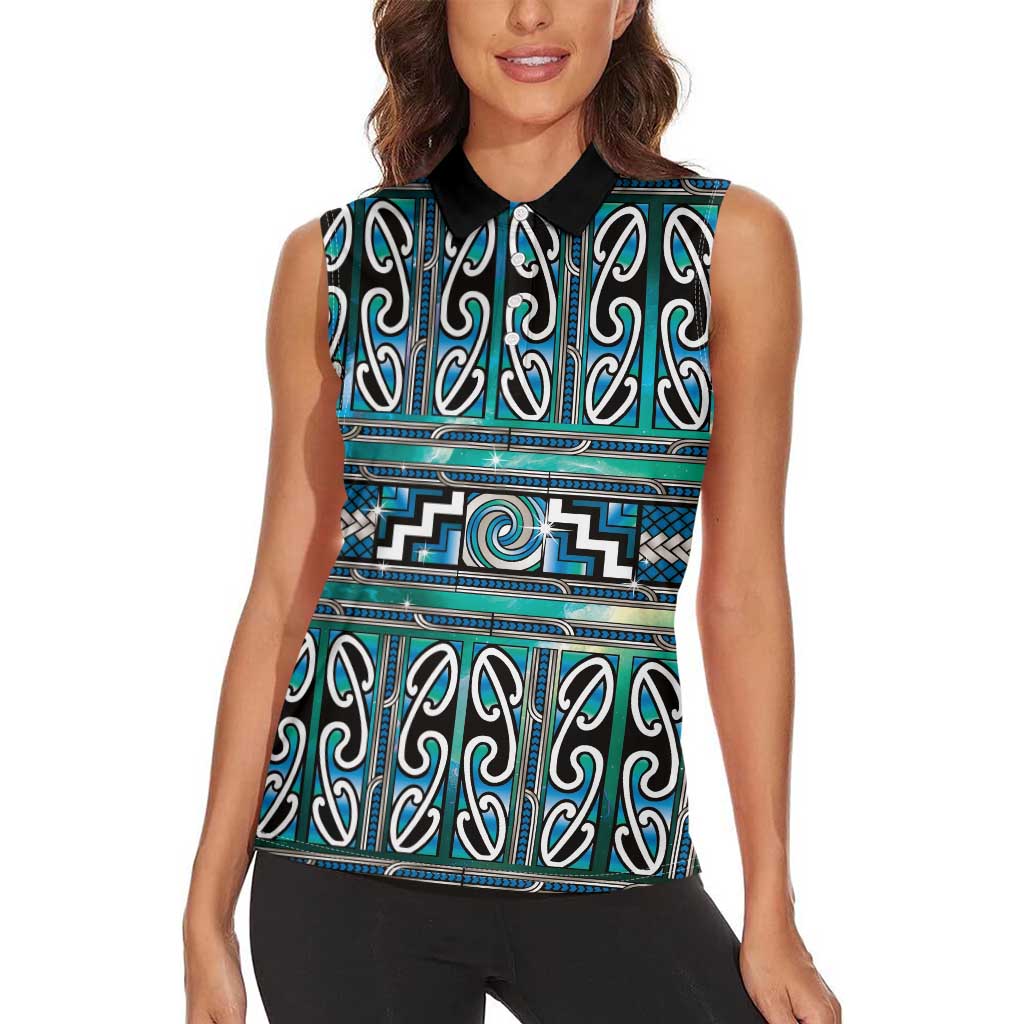 Maori Matariki Women Sleeveless Polo Shirt Green Galaxy Aesthetic Koru Art